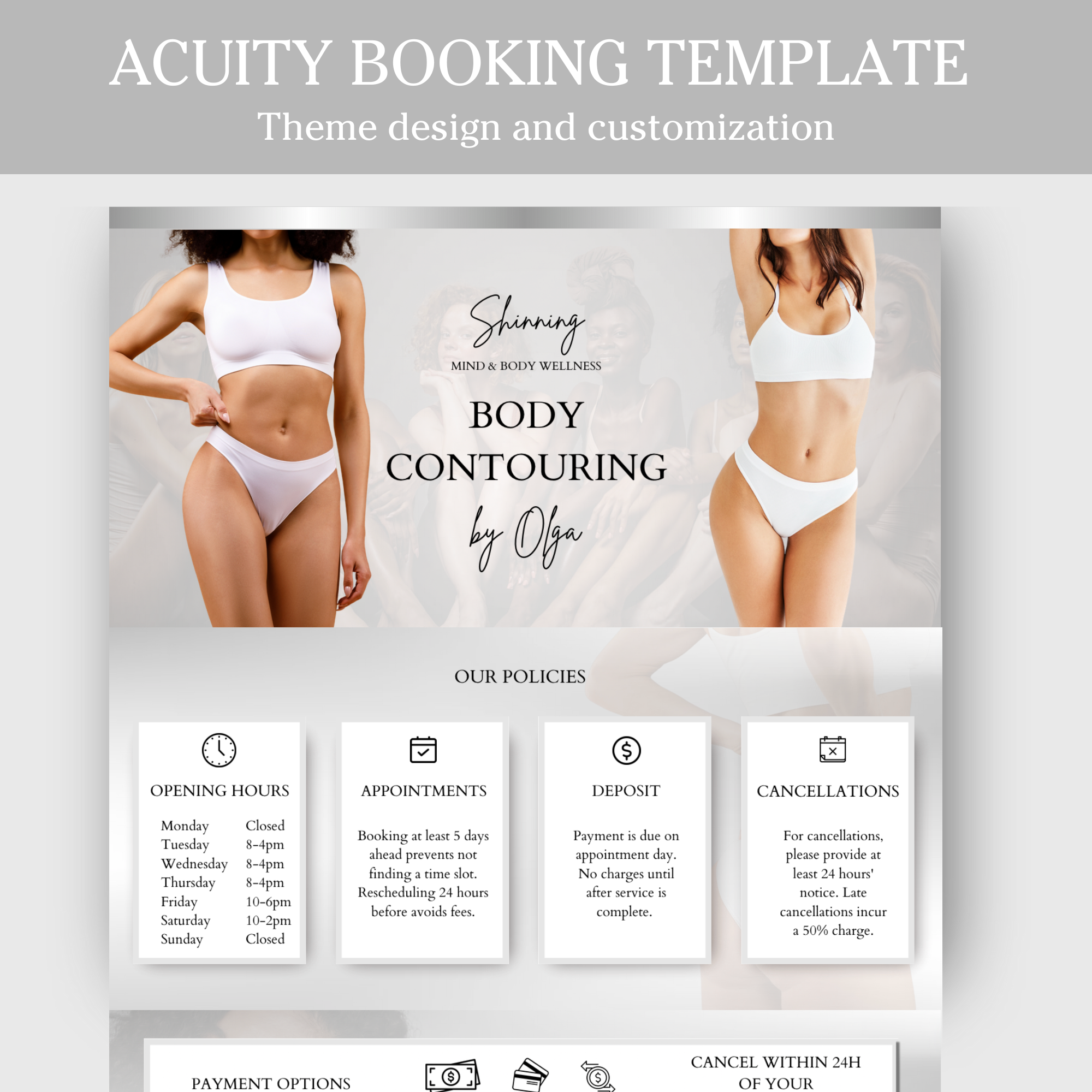 Acuity or square booking website templates silver black