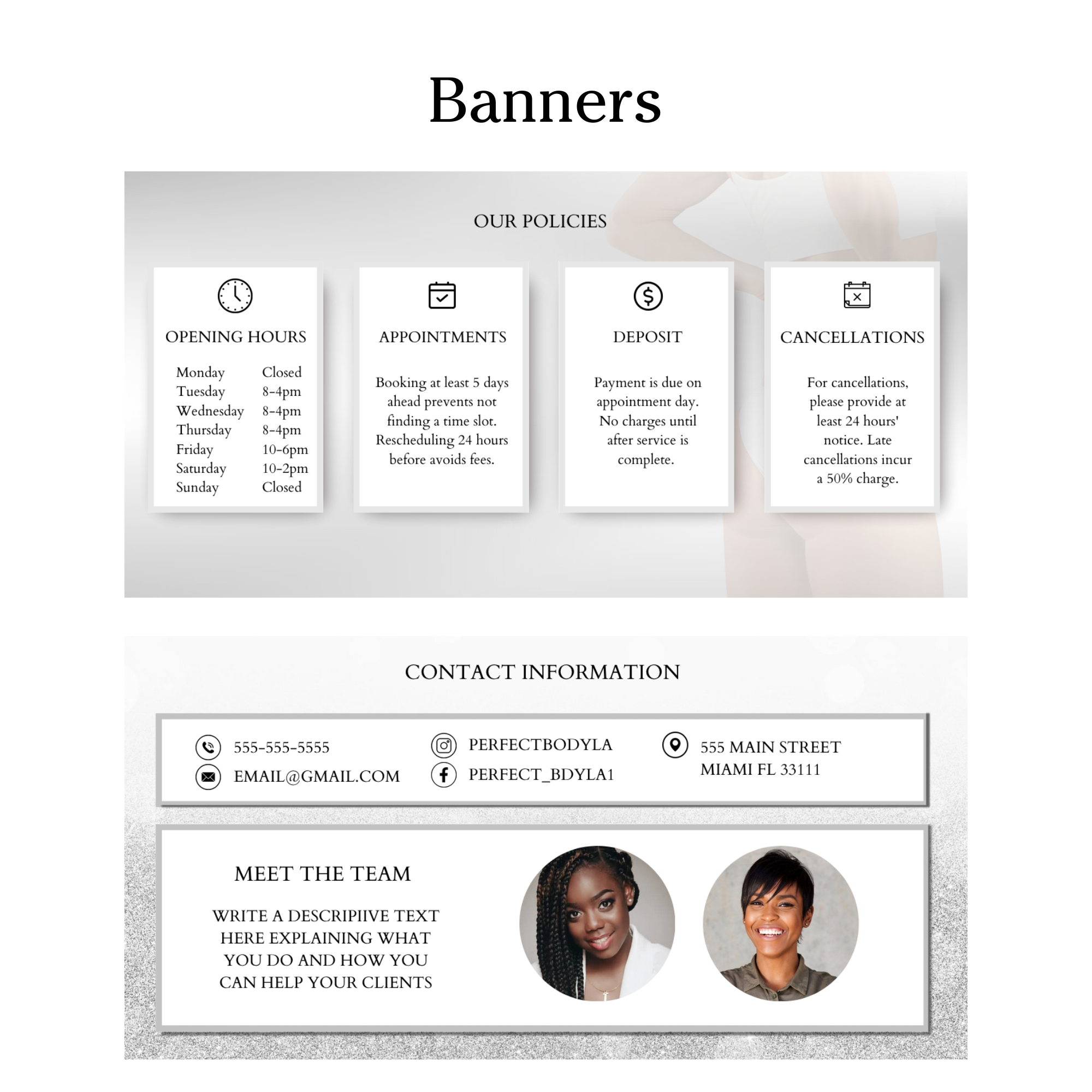 Acuity or square booking website templates silver black